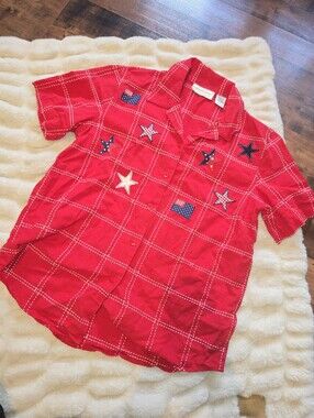 Lemongrass [Medium] Red Americana Short Sleeve Button Up Shirt Stars USA Flag